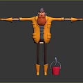 Cartoon Character Wearing Yellow Coat Purple Hat Red Scarf With Arms Outstretched Red Bucket Blue Tool