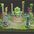 Cartoon Scene With Stone Statues Ancient Columns Central Head Sculpture And Green Grass