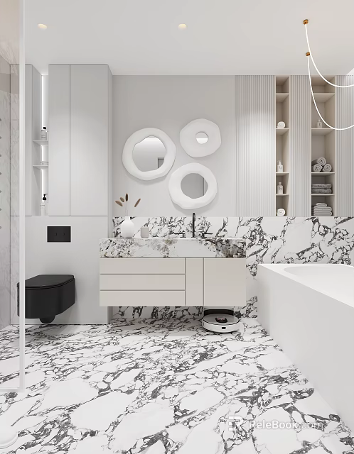 Modern White Bathroom Interior With Marble Vanity And Circular Mirrors 3d model