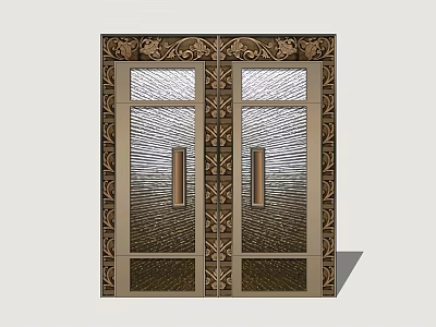 Intricate Ornate Carved Double Door With Glass Panels And Metal Handles 3d model