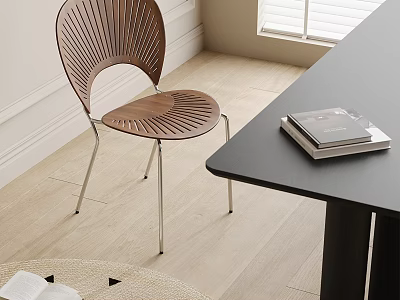 Wooden Dining Chair With Slatted Design Metal Legs Near Black Table On Light Wooden Floor 3d model