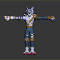Anthropomorphic Wolf Character With Blue White Fur Blue Pants Skull Design Pink Claws Arms Outstretched