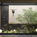 Modern Feature Wall Design With Natural Greenery Round Lights And Textured Surface 3d model