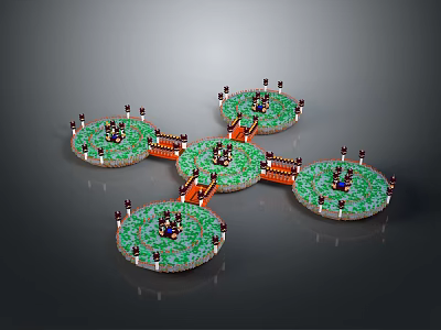 Scenic Landscape With Green Circular Islands Connected By Orange Bridges And White Decorative Elements 3d model