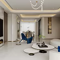Modern Living Dining Room Interior With White Curved Sofa Blue Armchair And Gold Chandelier