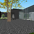 Modern Detached Villa With Brown Wooden Exterior Large Glass Windows And Terrace Courtyard