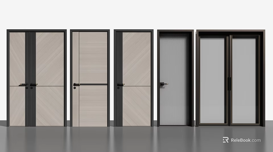 Modern Hinged Doors With Wooden Panel Glass Insert And Black Frame Design 3d model