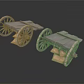 Old Wooden Carts With Large Wheels And Brown Sacks On White Background