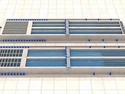 Sewage Treatment Tanks In Industrial Facility With Blue Pipes And White Floor 3d model