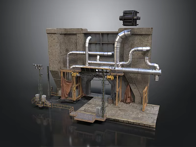 Industrial Machinery Structure With Metal Pipes Concrete Walls And Mechanical Components 3d model
