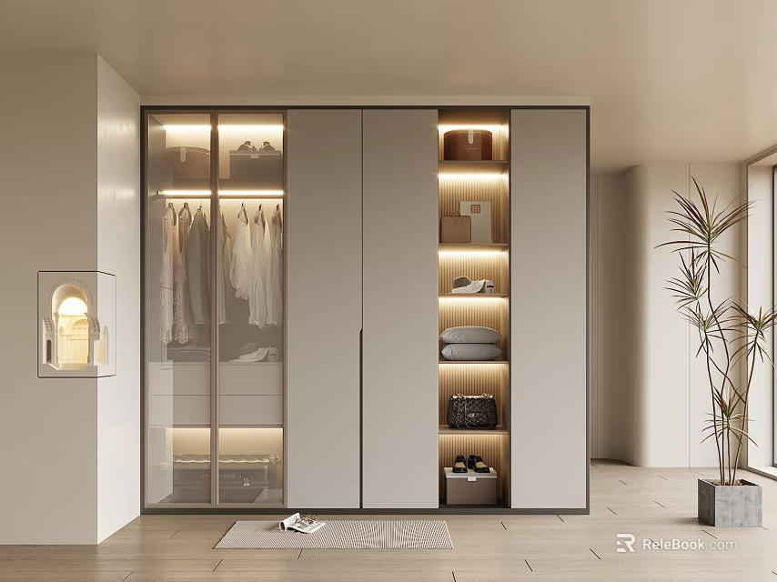 Modern Wardrobe with Glass Doors Hanging Clothes Storage Shelves and Built-in Lighting Design 3d model 