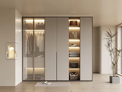 Modern Wardrobe with Glass Doors Hanging Clothes Storage Shelves and Built-in Lighting Design 3d model