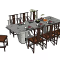Stylish Rectangular Dining Table Set With Dark Wood Chairs Red Cushions And Fruit Platter 3d model