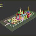 Detailed 3D Model Castle With Blue Towers White Walls Symmetrical Garden And Green Lawn