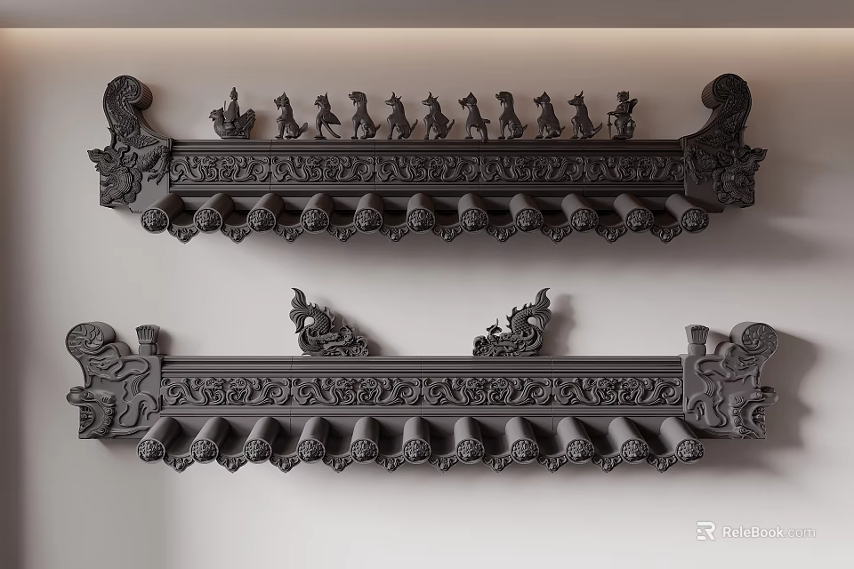 Ancient Chinese Architecture Roof Decorations With Mythical Beast Carvings And Tile Details 3d model 