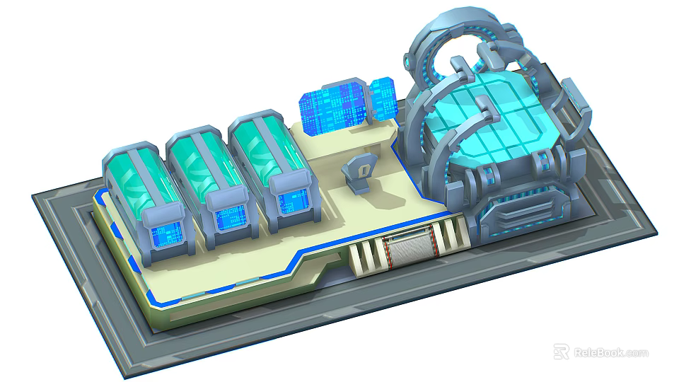 Cartoon Sci-Fi Scene With Green Cylindrical Structures Blue Screens Large Transparent Dome And Tech Platform 3d model