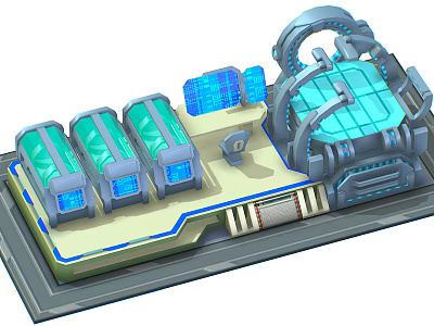 Cartoon Sci-Fi Scene With Green Cylindrical Structures Blue Screens Large Transparent Dome And Tech Platform 3d model
