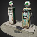 Vintage Industrial Fuel Pumps With Rustic Appearance And Round Top Signs On Concrete Base