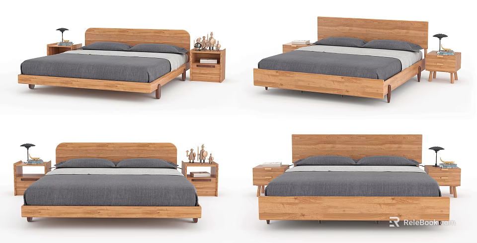 Modern Wooden Double Bed Design With Gray Bedding And Side Nightstand 3d model