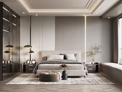 Modern Bedroom Interior With Bed Nightstands Pendant Lights Patterned Rug Indoor Plant And Window Bench 3d model