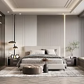 Modern Bedroom Interior With Bed Nightstands Pendant Lights Patterned Rug Indoor Plant And Window Bench