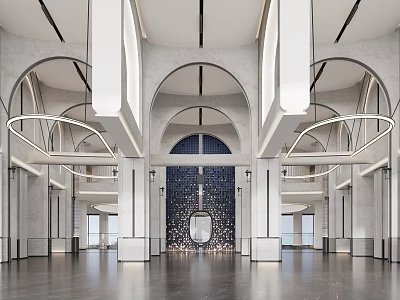 Elegant Hotel Lobby Interior With Arched Ceilings White Columns Circular Chandeliers And Dark Floor 3d model