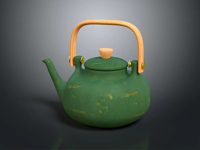 Elegant Green Ceramic Teapot With Wooden Handle And Textured Surface Lid Knob 3d model
