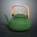 Elegant Green Ceramic Teapot With Wooden Handle And Textured Surface Lid Knob 3d model