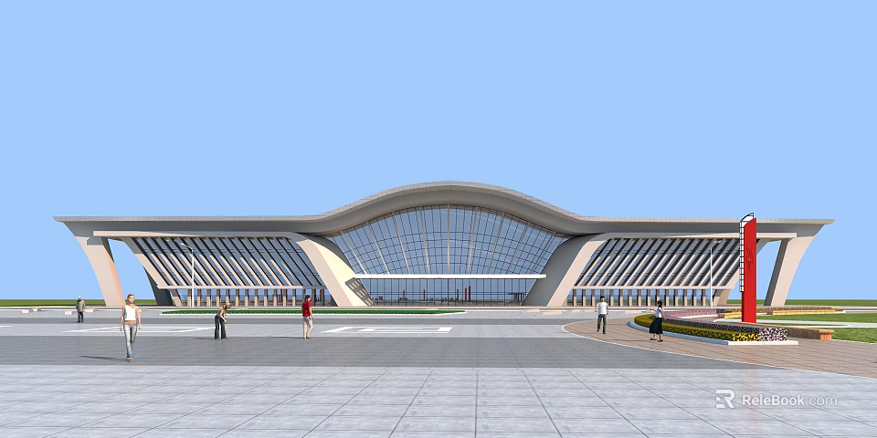 Modern Architectural Building With Curved Roof And Glass Facade In Open Plaza 3d model 