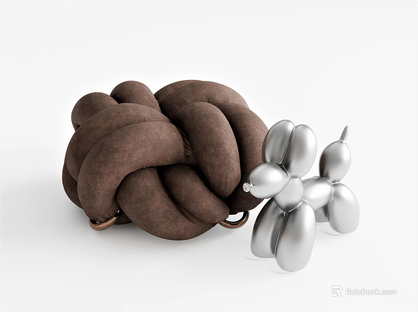Brown Braided Design Sofa Stool With Silver Balloon Dog Decoration 3d model