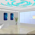 Modern Conference Room Interior With Blue Screen Circular Ceiling Lights And Green Plants