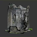 Ancient Castle Ruins With Ruined Stone Walls Arched Doorway Green Grass And Water Reflection