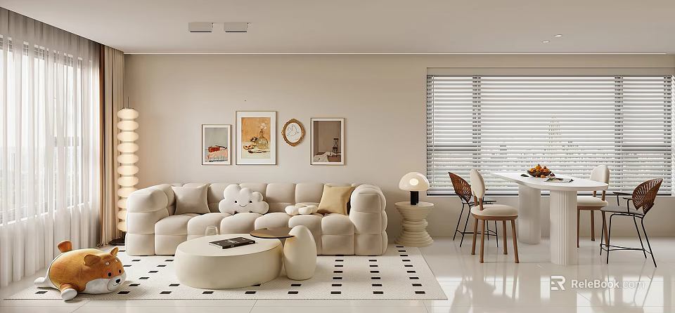 Modern Living Dining Room Interior With Plush Sofa Coffee Table And Decorative Wall Art 3d model 
