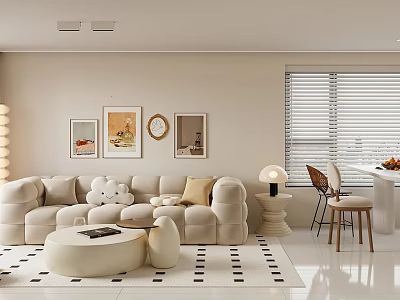 Modern Living Dining Room Interior With Plush Sofa Coffee Table And Decorative Wall Art 3d model