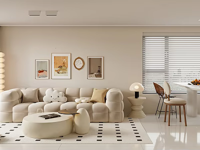 Modern Living Dining Room Interior With Plush Sofa Coffee Table And Decorative Wall Art 3d model