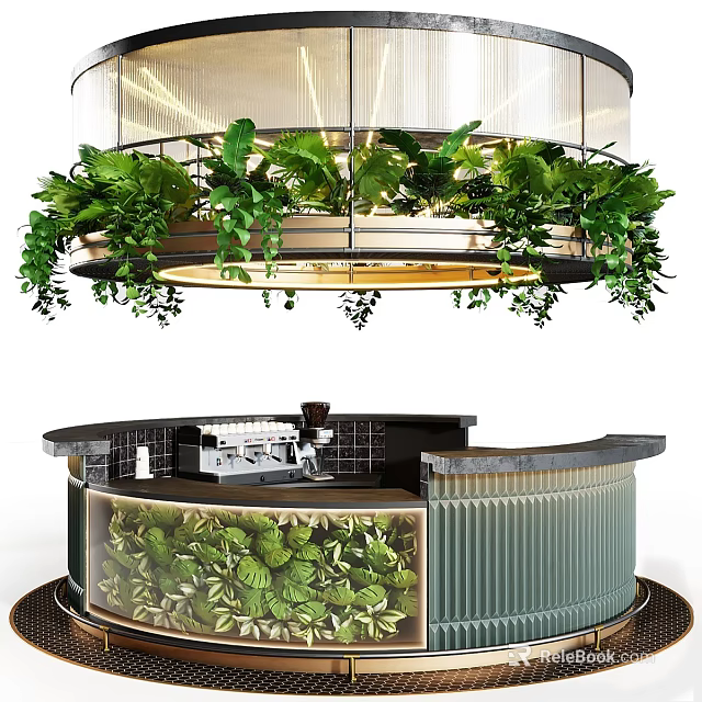 Modern Circular Bar Counter With Green Plants Hanging Lighting And Coffee Machine 3d model 