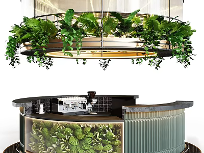 Modern Circular Bar Counter With Green Plants Hanging Lighting And Coffee Machine 3d model
