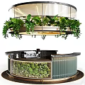Modern Circular Bar Counter With Green Plants Hanging Lighting And Coffee Machine
