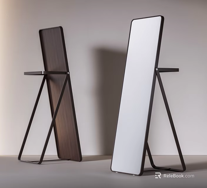 Modern Full Length Floor Mirrors with Black Metal Stand and Wooden Back Panel 3d model 