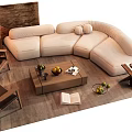 L shaped Beige Sofa and Wooden Coffee Table Set with Accent Chairs Floor Lamp Fruits and Open Book