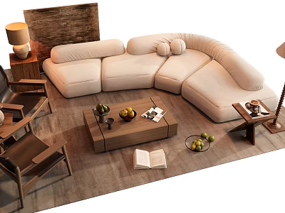 L shaped Beige Sofa and Wooden Coffee Table Set with Accent Chairs Floor Lamp Fruits and Open Book 3d model