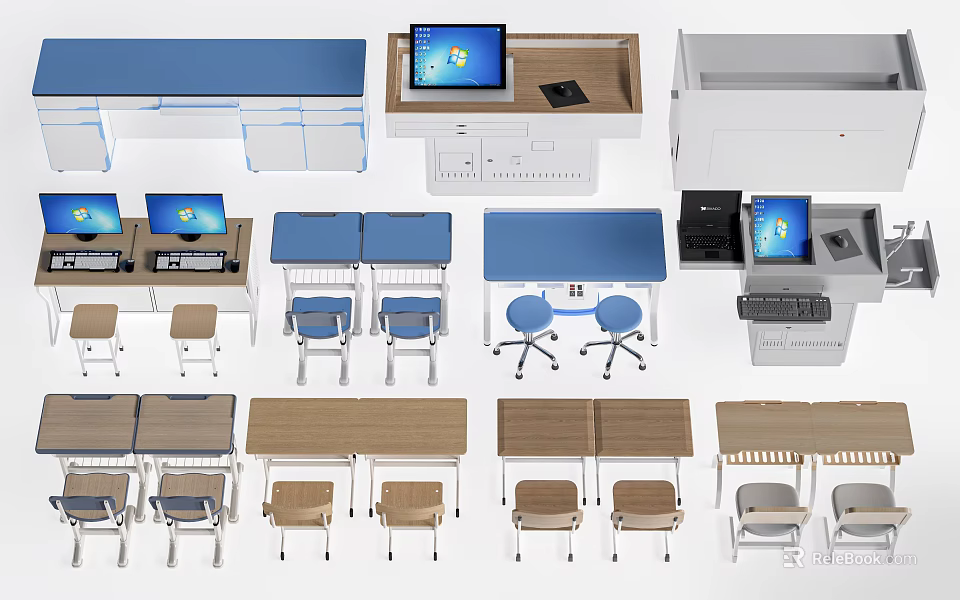 Various Functional Table And Chair Sets With Computer Monitors Drawers And Storage 3d model