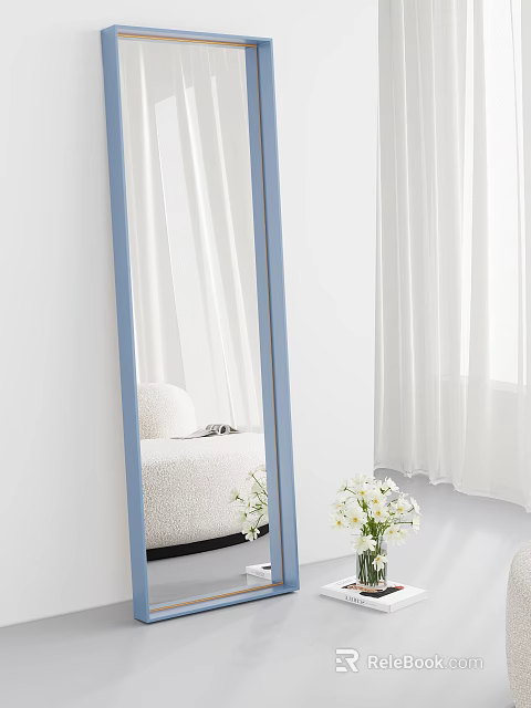 Stylish Blue Framed Mirror Reflecting White Curtains Sofa and Flowers 3d model 
