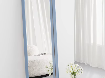 Stylish Blue Framed Mirror Reflecting White Curtains Sofa and Flowers 3d model
