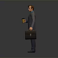 3D Business Character In Gray Suit With Blue Shirt Briefcase And Coffee Cup