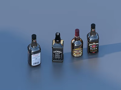 Four Stylish Wine Bottles And Glasses With Different Labels On Gray Surface 3d model