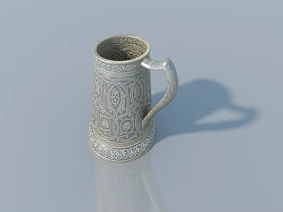 Intricate Carved Mug With Handle And Detailed Patterns On Gray Background 3d model