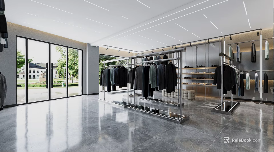 Modern Clothing Store Open Layout With Metal Racks Hanging Clothes And Floor to Ceiling Windows 3d model 