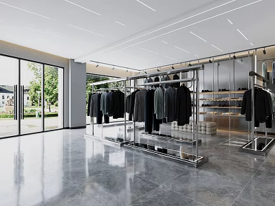 Modern Clothing Store Open Layout With Metal Racks Hanging Clothes And Floor to Ceiling Windows 3d model