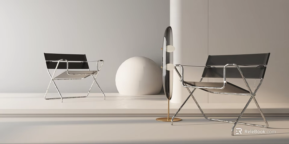 Modern Leisure Chair With Metal Frame And Sleek Design Alongside Floor Lamp In Minimalist Interior 3d model 